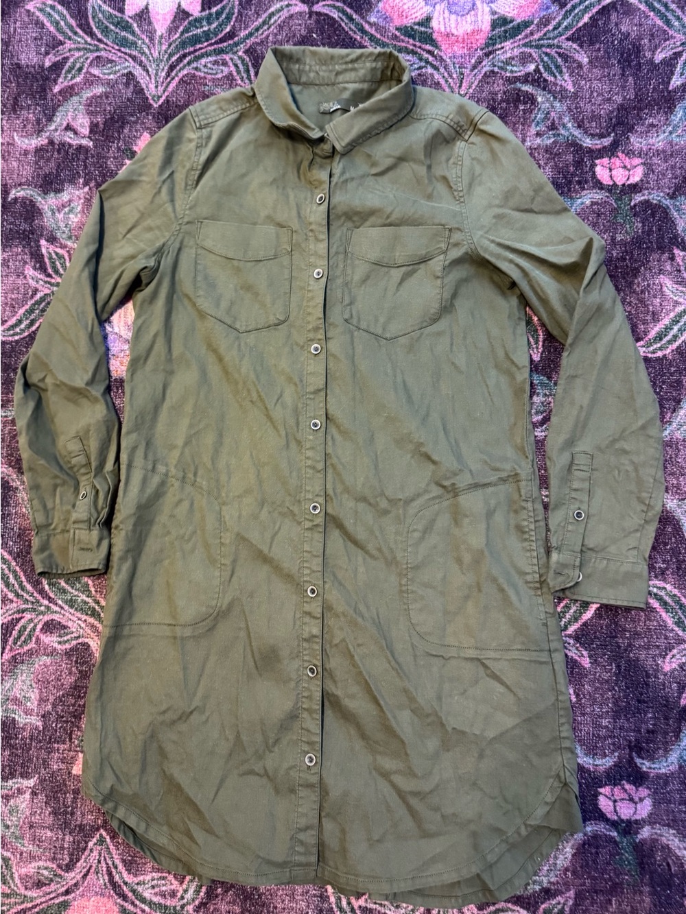 Prana Olive Green Button-Front Long Sleeve Shirt Dress with Pockets - M
